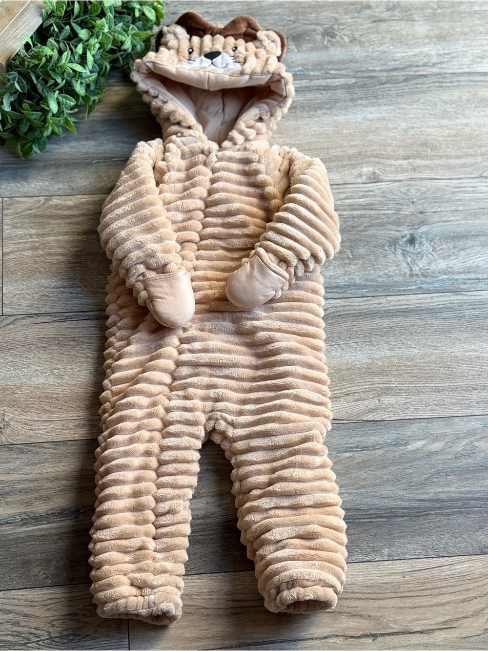 Koala Kids Tan Ribbed Bear Hooded One-Piece Footie